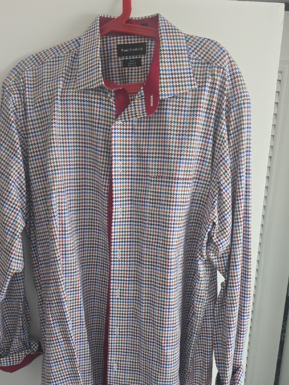 Paul Fredrick Multi-Color Check Dress Shirt with Red Trim